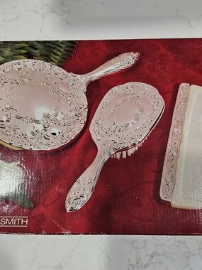 Amanda Smith Silver Ornate Hand Mirror and Brush Set on Red